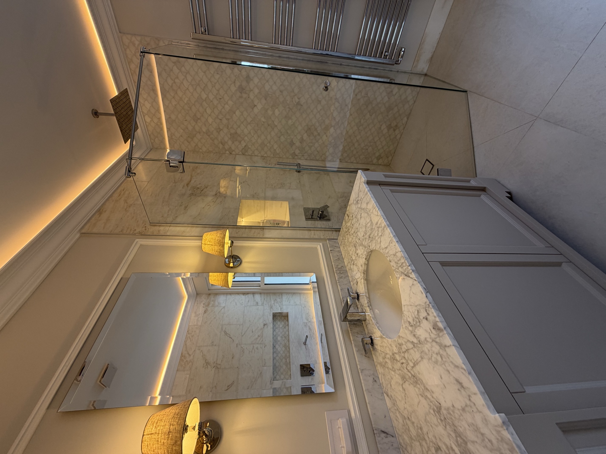 Portsmouth terrace house — marble bathroom with vanity and walk-in shower