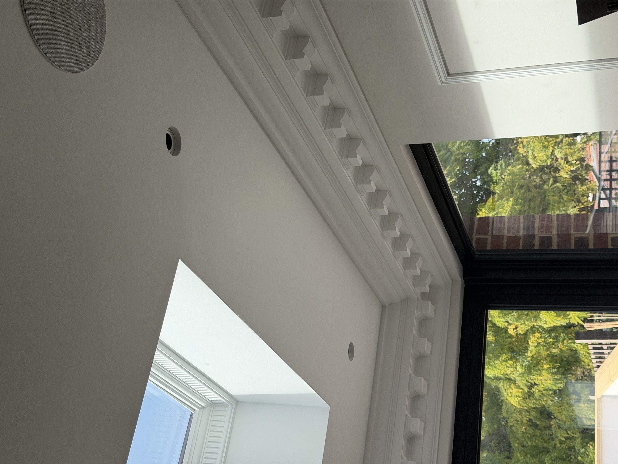 Portsmouth terrace house — roof lantern and dentil cornice inside the extension